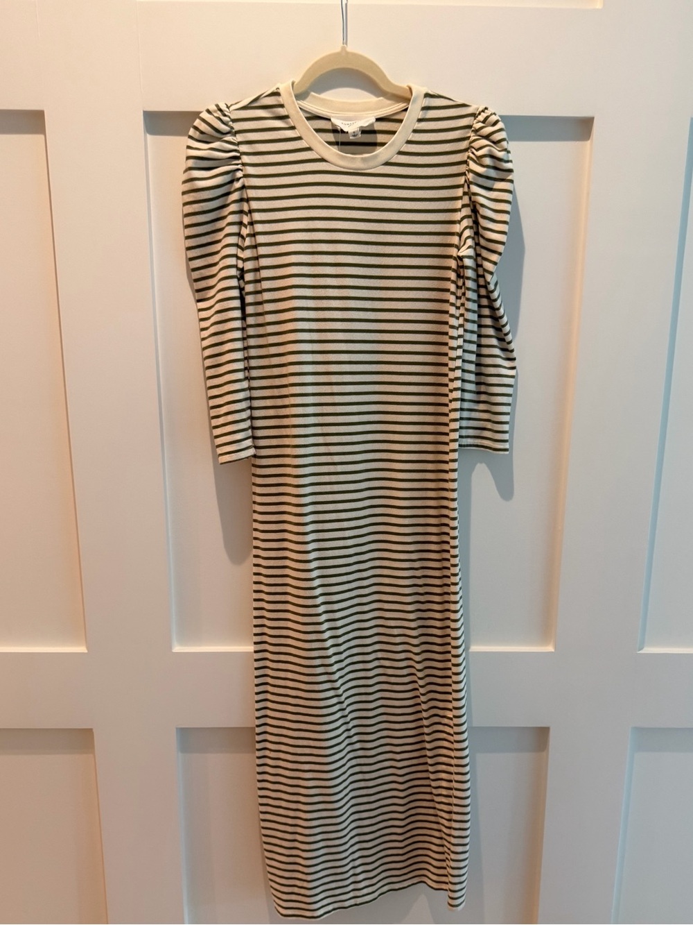 Pomander Place Cream and Green (Olive) Striped Maxi Dress, Puff Sleeves- small